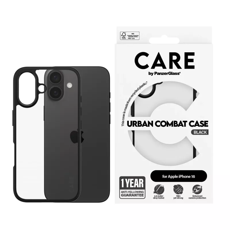 PanzerGlass CARE™ by ® Urban Combat dėklas permatomas su juodu rėmeliu iPhone 16