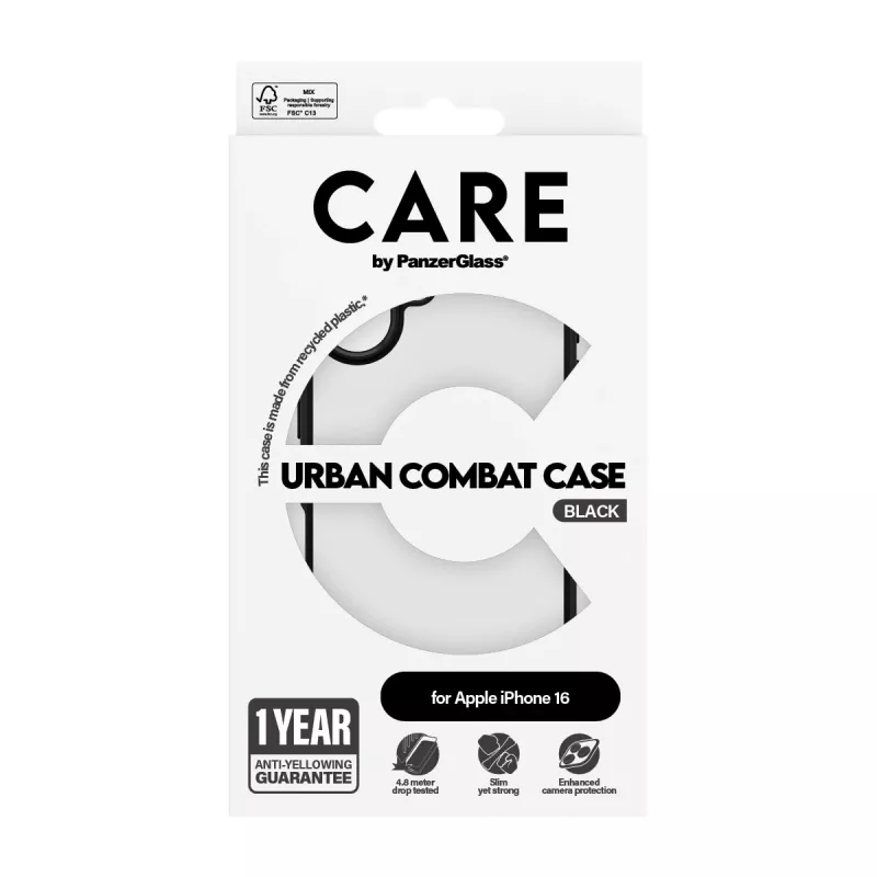 PanzerGlass CARE™ by ® Urban Combat dėklas permatomas su juodu rėmeliu iPhone 16