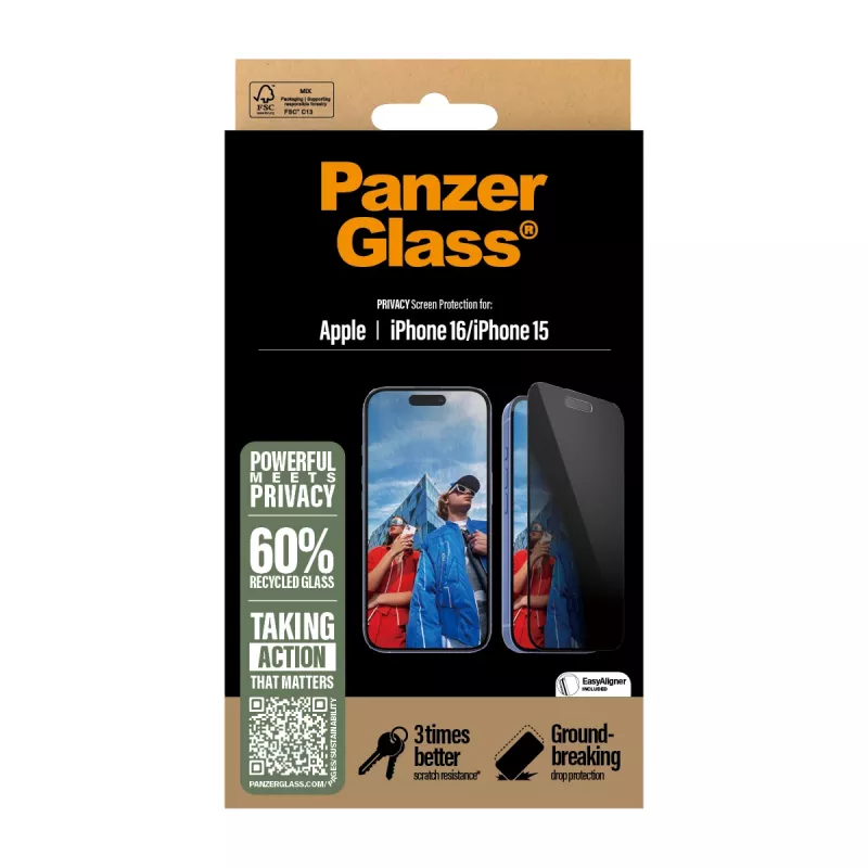 PanzerGlass ® Privatumo ekrano apsauga iPhone 16 | 15 | Ultra-Wide Fit su EasyAligner