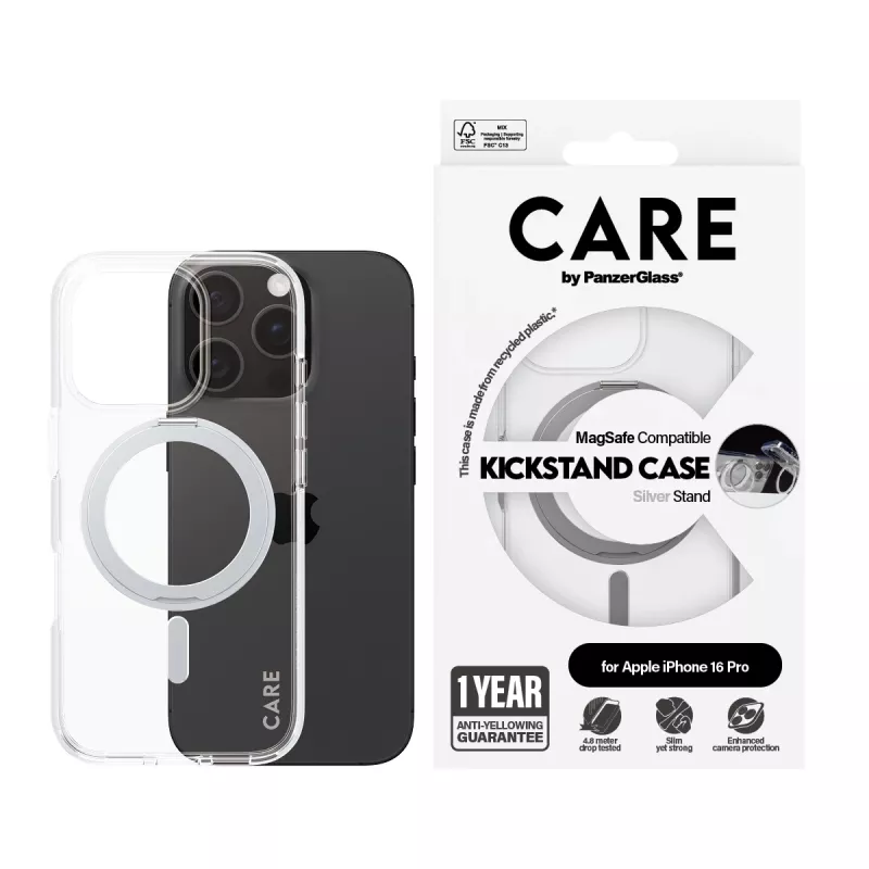 PanzerGlass CARE™ by ® Dėklas Skaidrus su Sidabriniu Stoveliu ir MagSafe iPhone 16 Pro