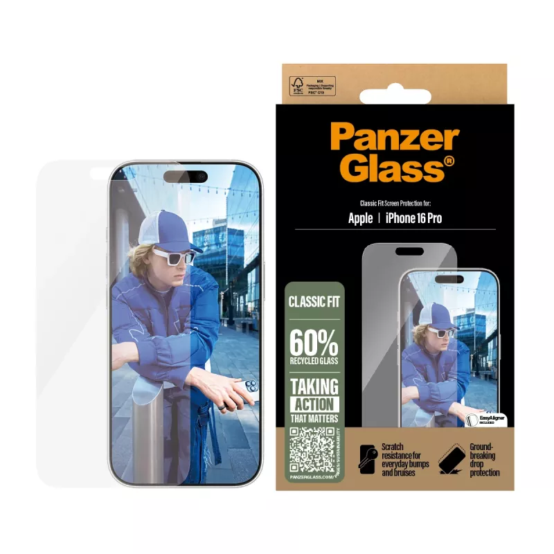 PanzerGlass® ekrano apsauga iPhone 16 Pro | Classic Fit, Apple, Apple - iPhone 16 Pro, Sausas klijavimas, Atspari įbrėžimams, Atspari smūgiams, Skaidri, 1 vnt.