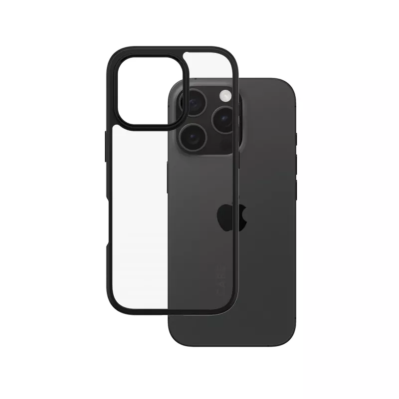 PanzerGlass CARE™ by ® Urban Combat Case permatomas su juodu rėmeliu, skirtas iPhone 16 Pro
