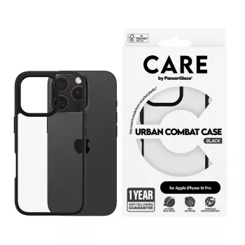 PanzerGlass CARE™ by ® Urban Combat Case permatomas su juodu rėmeliu, skirtas iPhone 16 Pro