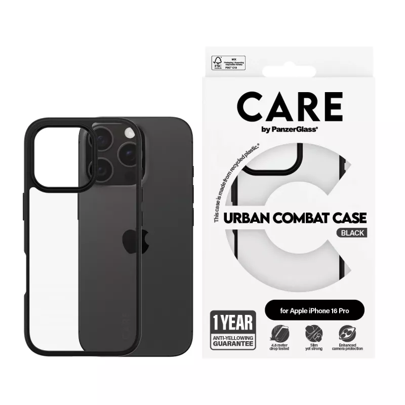 PanzerGlass CARE™ by ® Urban Combat Case permatomas su juodu rėmeliu, skirtas iPhone 16 Pro