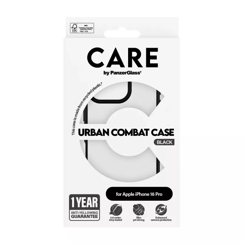 PanzerGlass CARE™ by ® Urban Combat Case permatomas su juodu rėmeliu, skirtas iPhone 16 Pro