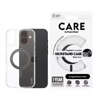 PanzerGlass CARE™ by ® Dėklas Skaidrus su Juodu Stovu ir MagSafe iPhone 16 Plus