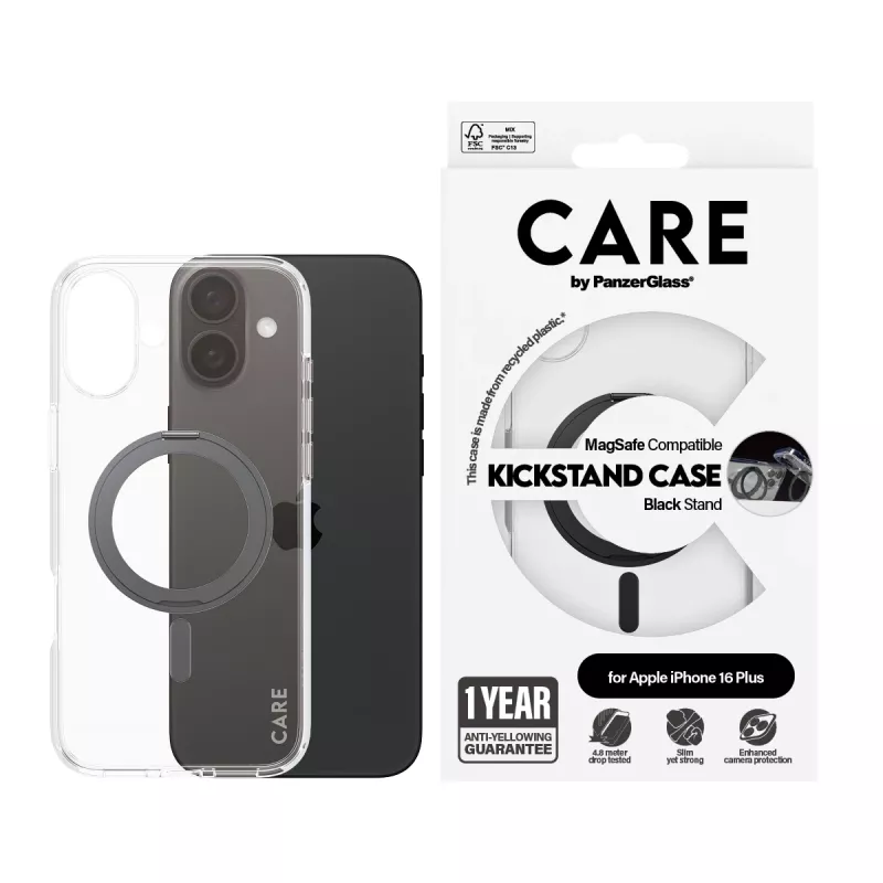 PanzerGlass CARE™ by ® Dėklas Skaidrus su Juodu Stovu ir MagSafe iPhone 16 Plus