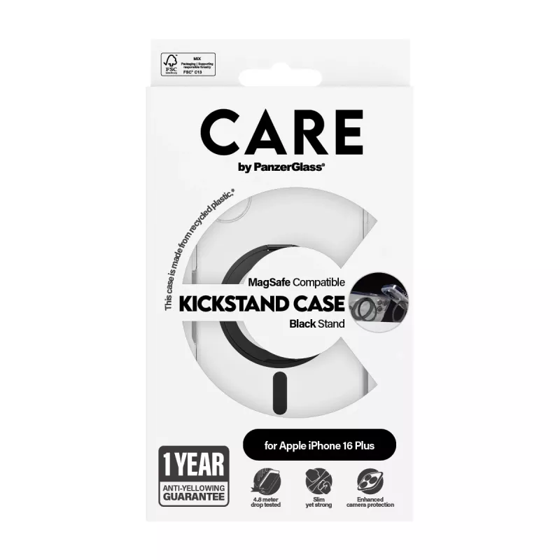 PanzerGlass CARE™ by ® Dėklas Skaidrus su Juodu Stovu ir MagSafe iPhone 16 Plus
