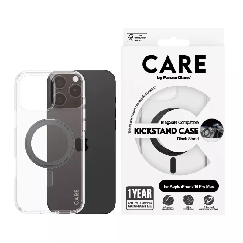 PanzerGlass CARE™ by ® Dėklas Skaidrus su Juodu Stovu ir MagSafe iPhone 16 Pro Max