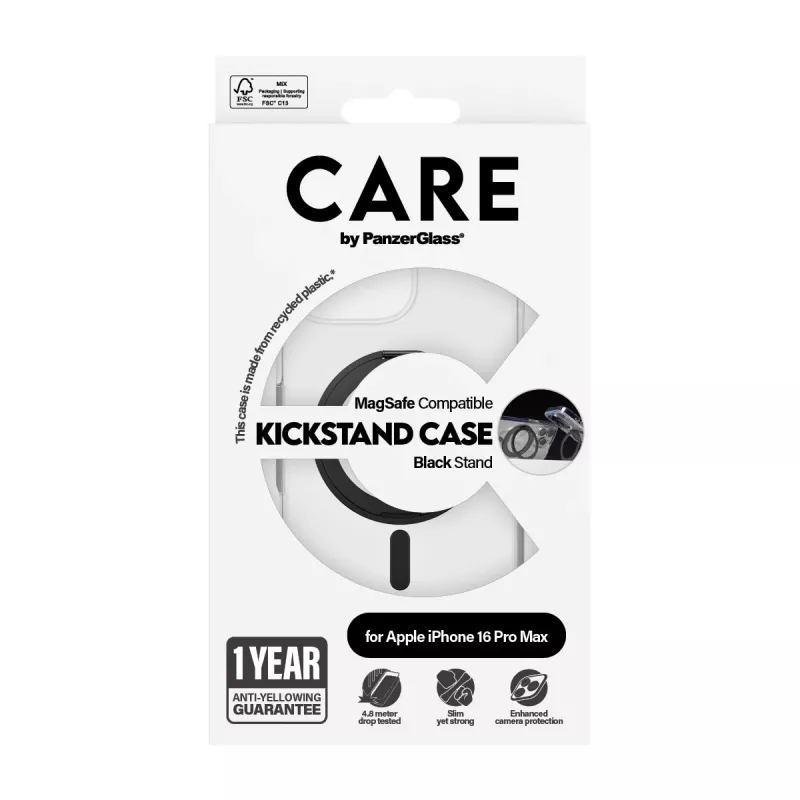 PanzerGlass CARE™ by ® Dėklas Skaidrus su Juodu Stovu ir MagSafe iPhone 16 Pro Max