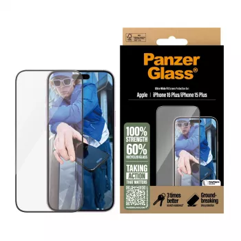PanzerGlass ® Apsauginis stiklas iPhone 16 Plus | 15 Plus | Ultra-Wide Fit