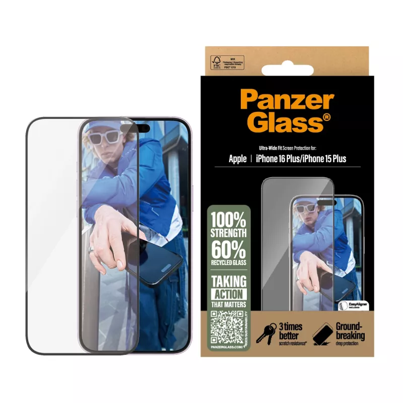PanzerGlass ® Apsauginis stiklas iPhone 16 Plus | 15 Plus | Ultra-Wide Fit