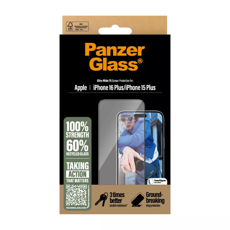 PanzerGlass ® Apsauginis stiklas iPhone 16 Plus | 15 Plus | Ultra-Wide Fit