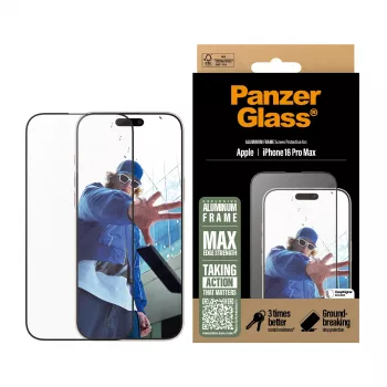 PanzerGlass ® ekrano apsauga aliuminio rėmeliu iPhone 16 Pro Max| Itin platus prigludimas