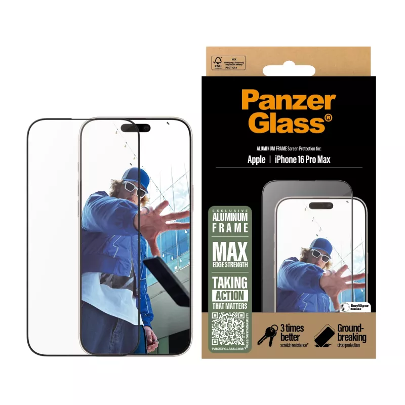 PanzerGlass ® ekrano apsauga aliuminio rėmeliu iPhone 16 Pro Max| Itin platus prigludimas