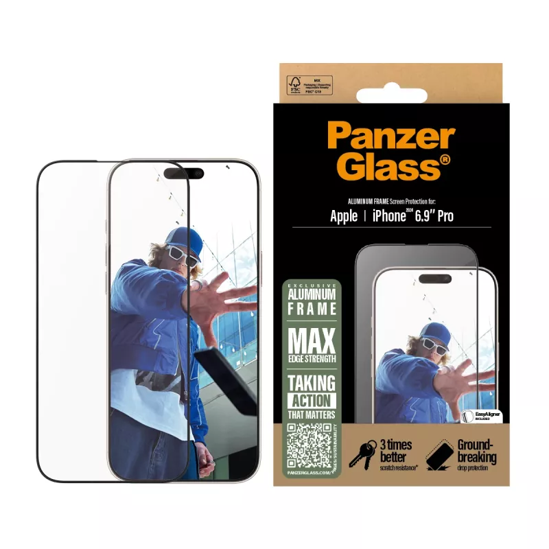 PanzerGlass ® ekrano apsauga aliuminio rėmeliu iPhone 16 Pro Max| Itin platus prigludimas