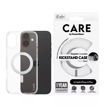 PanzerGlass CARE™ by ® dėklas permatomas su sidabriniu stovu ir MagSafe iPhone 16 Plus