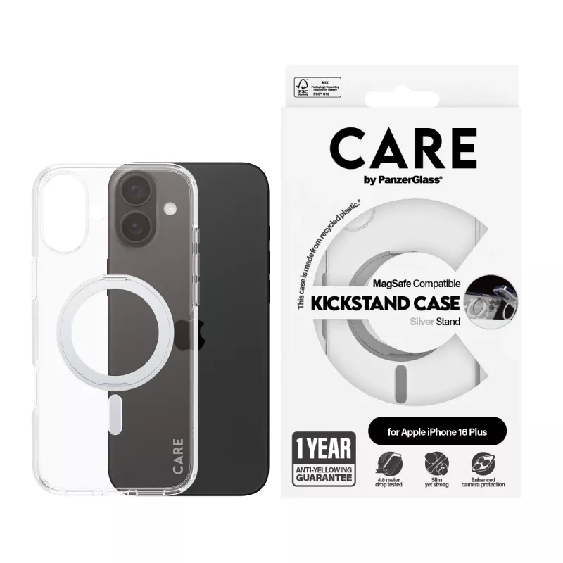 PanzerGlass CARE™ by ® dėklas permatomas su sidabriniu stovu ir MagSafe iPhone 16 Plus