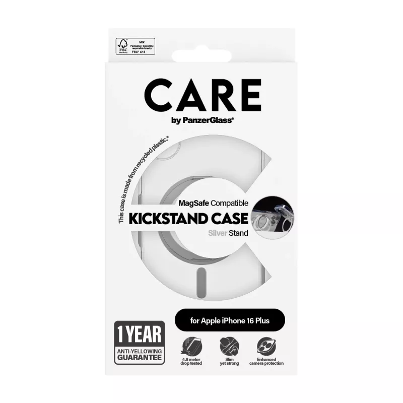 PanzerGlass CARE™ by ® dėklas permatomas su sidabriniu stovu ir MagSafe iPhone 16 Plus