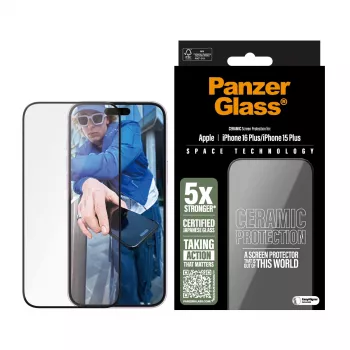 PanzerGlass ® Keraminis ekrano apsauginis stiklas iPhone 16 Plus | 15 Plus | Ultra-Wide Fit su EasyAligner
