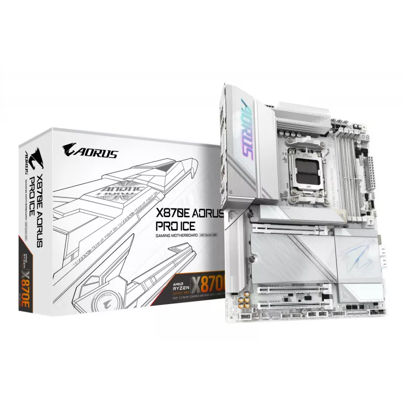 Motininė plokštė GIGABYTE X870E AORUS PRO ICE — AMD X870E, Socket AM5, ATX, DDR5, 4×DIMM, Wi‑Fi 7, 2.5Gb LAN