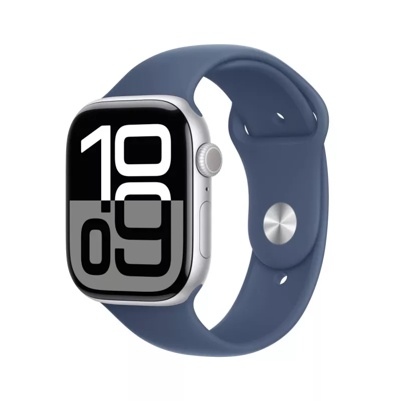 APPLE Watch Series 10 GPS 46mm sidabrinis aliuminio korpusas su džinsiniu sportiniu dirželiu - M/L