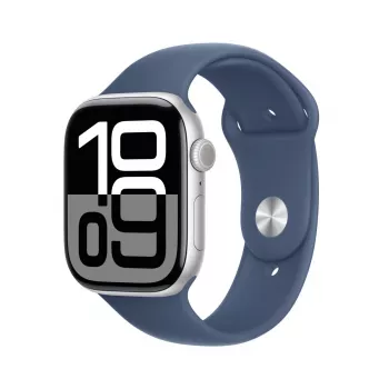 APPLE Watch Series 10 GPS + Cellular 46mm sidabrinis aliuminio korpusas su džinsinio audinio sportiniu dirželiu - M/L