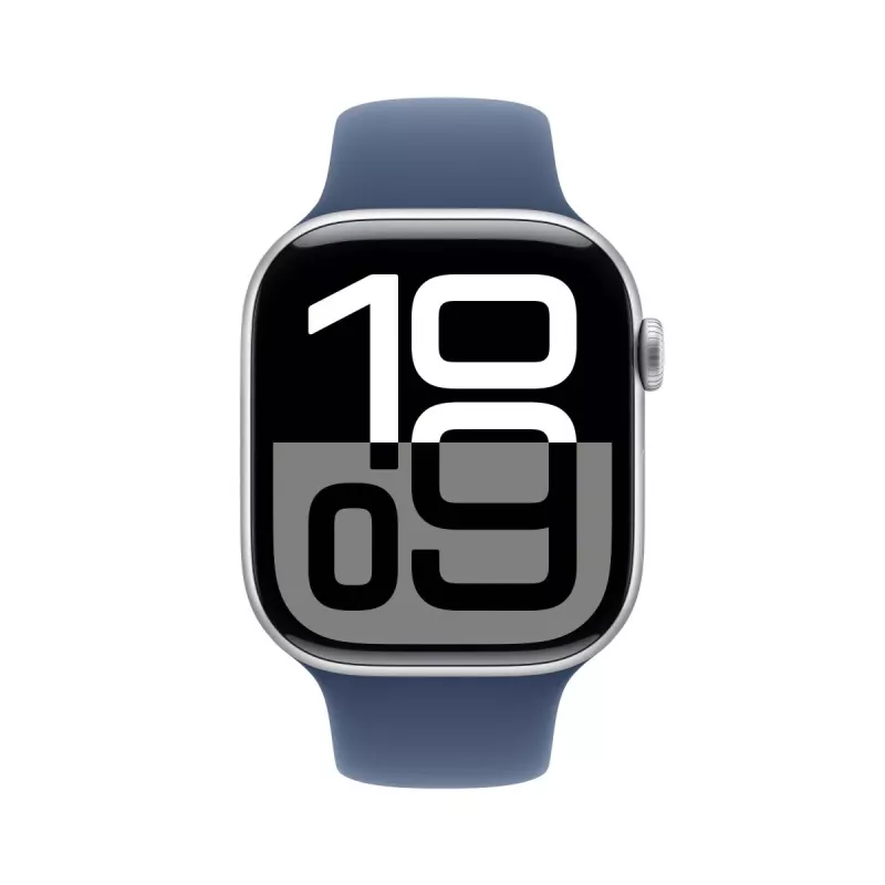 APPLE Watch Series 10 GPS + Cellular 46mm sidabrinis aliuminio korpusas su džinsinio audinio sportiniu dirželiu - M/L