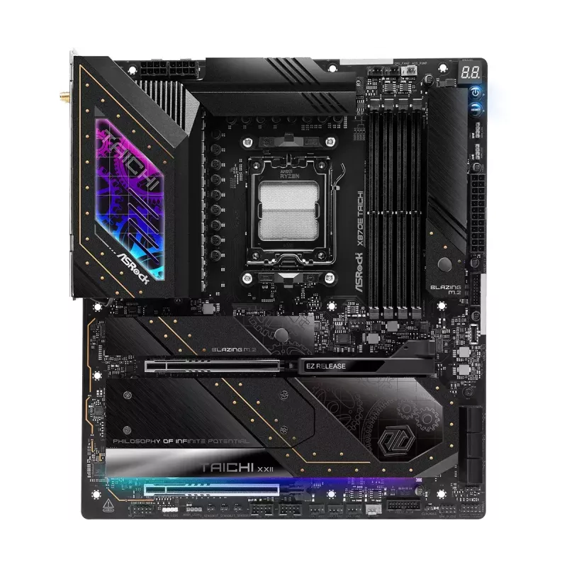 Pagrindinė plokštė ASRock X870E Taichi — AMD X870E, Socket AM5, Extended ATX, DDR5, 4 DIMM, iki 256GB, Wi‑Fi 7, 5Gb LAN