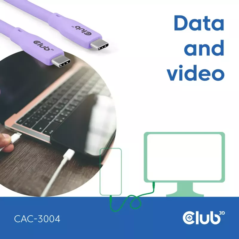 USB C laidas CLUB3D CAC-3004 2m violetinis