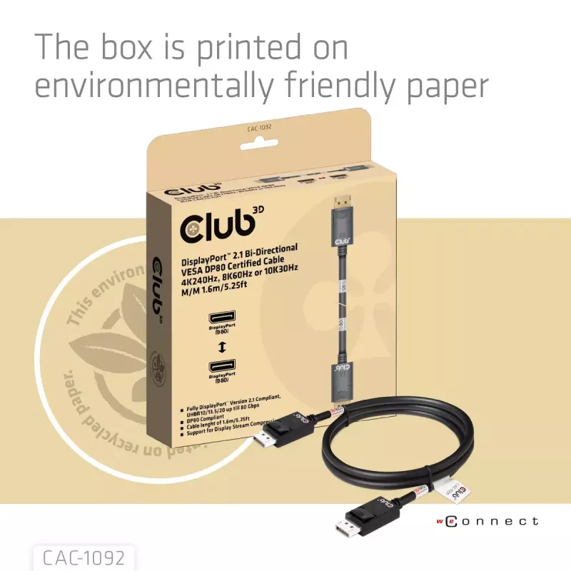 CLUB3D DisplayPort™ 2.1 Bi-Directional VESA DP80 Certified kabelis 4K240Hz, 8K60Hz or 10K60Hz M/M 1.6m/5.25ft