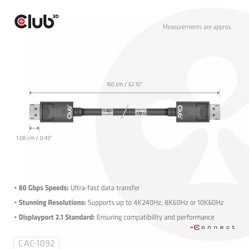 CLUB3D DisplayPort™ 2.1 Bi-Directional VESA DP80 Certified kabelis 4K240Hz, 8K60Hz or 10K60Hz M/M 1.6m/5.25ft