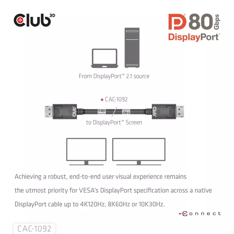 CLUB3D DisplayPort™ 2.1 Bi-Directional VESA DP80 Certified kabelis 4K240Hz, 8K60Hz or 10K60Hz M/M 1.6m/5.25ft