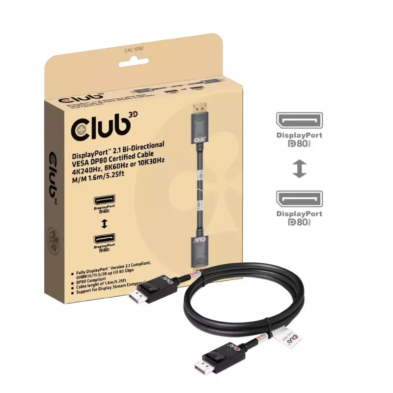 CLUB3D DisplayPort™ 2.1 Bi-Directional VESA DP80 Certified kabelis 4K240Hz, 8K60Hz or 10K60Hz M/M 1.6m/5.25ft