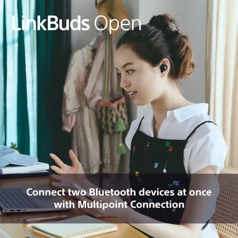 Ausinės „Sony LinkBuds Open“ WFL910B – belaidės Bluetooth į ausį, 20–20 000 Hz, 10 m atstumas, 63 g, juodos