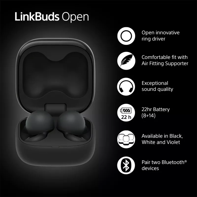 Ausinės „Sony LinkBuds Open“ WFL910B – belaidės Bluetooth į ausį, 20–20 000 Hz, 10 m atstumas, 63 g, juodos