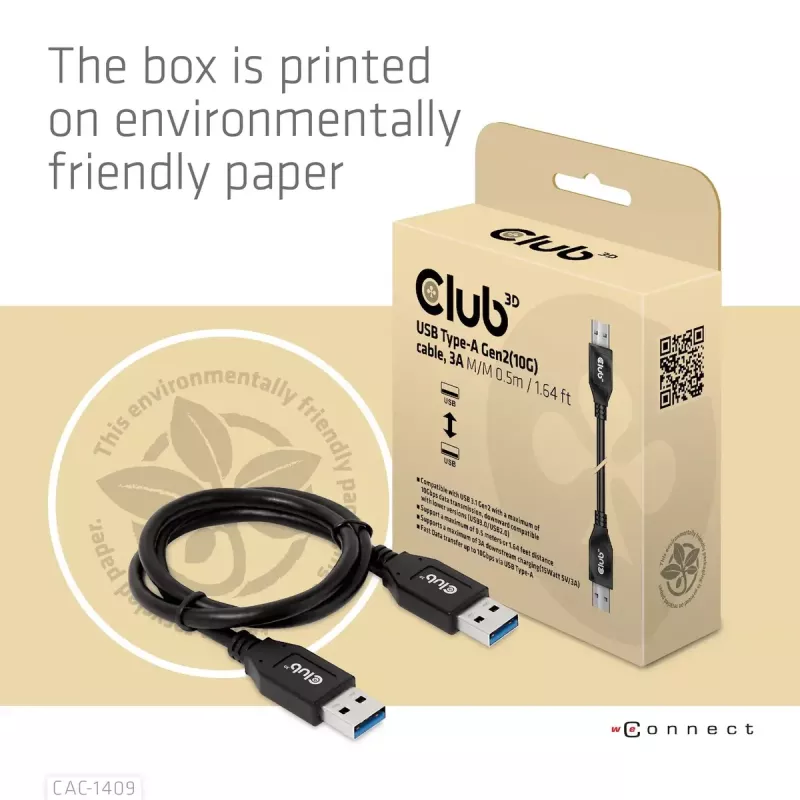 CLUB3D USB Typee-A Gen2(10G) kabelis, 3A M/M 0.5m / 1.64 ft