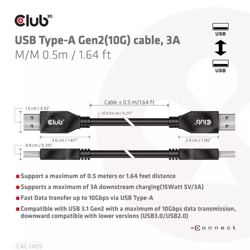 CLUB3D USB Typee-A Gen2(10G) kabelis, 3A M/M 0.5m / 1.64 ft