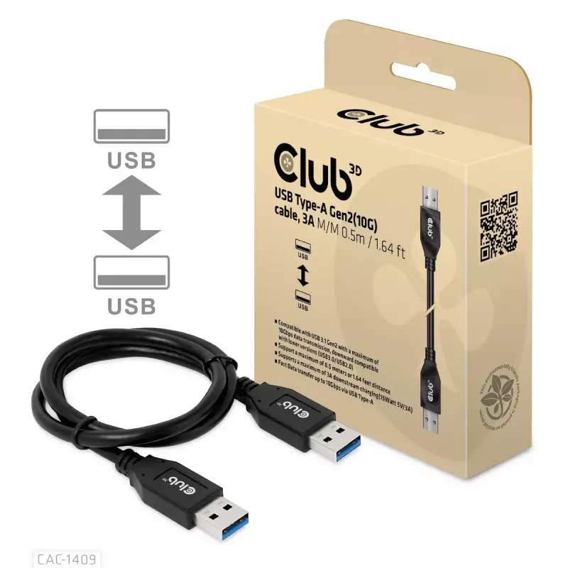 CLUB3D USB Typee-A Gen2(10G) kabelis, 3A M/M 0.5m / 1.64 ft