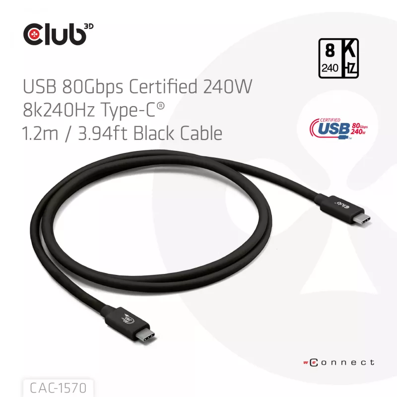 USB Type-C laidas CLUB3D CAC-1570 1,2 m — 80 Gbps, 240 W, palaiko 8K@240 Hz, juodas