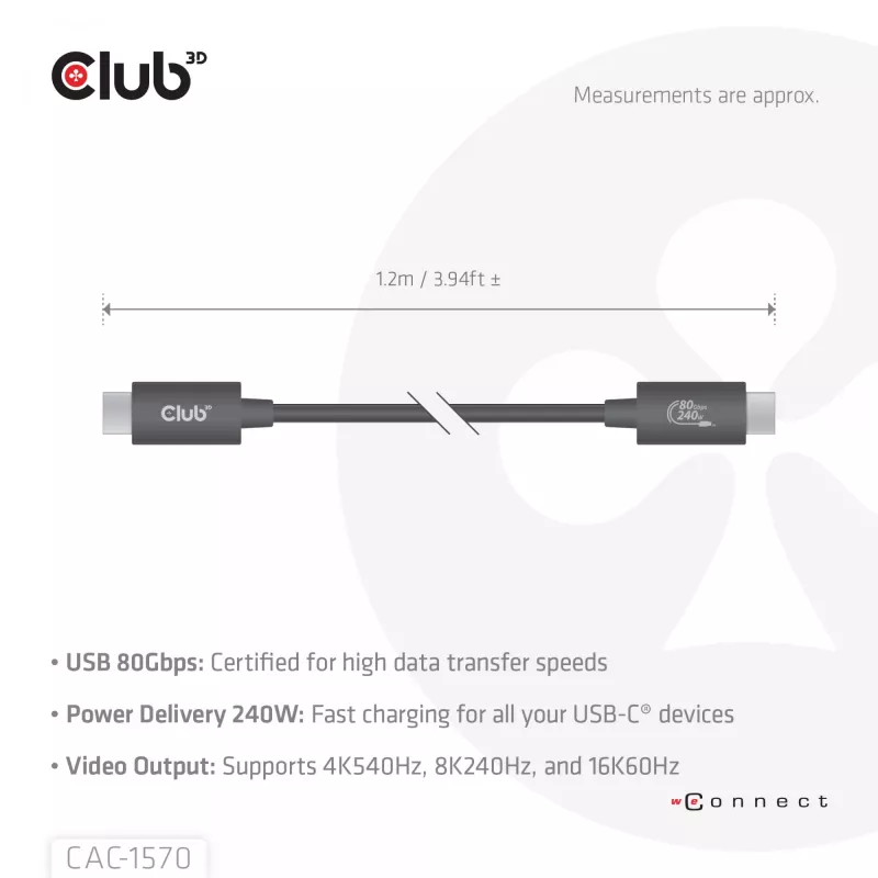USB Type-C laidas CLUB3D CAC-1570 1,2 m — 80 Gbps, 240 W, palaiko 8K@240 Hz, juodas