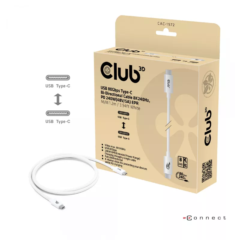 CLUB3D USB 80Gbps sertifikuotas 240W 8K240Hz Type-C® 1.2m / 3.94ft juodas kabelis