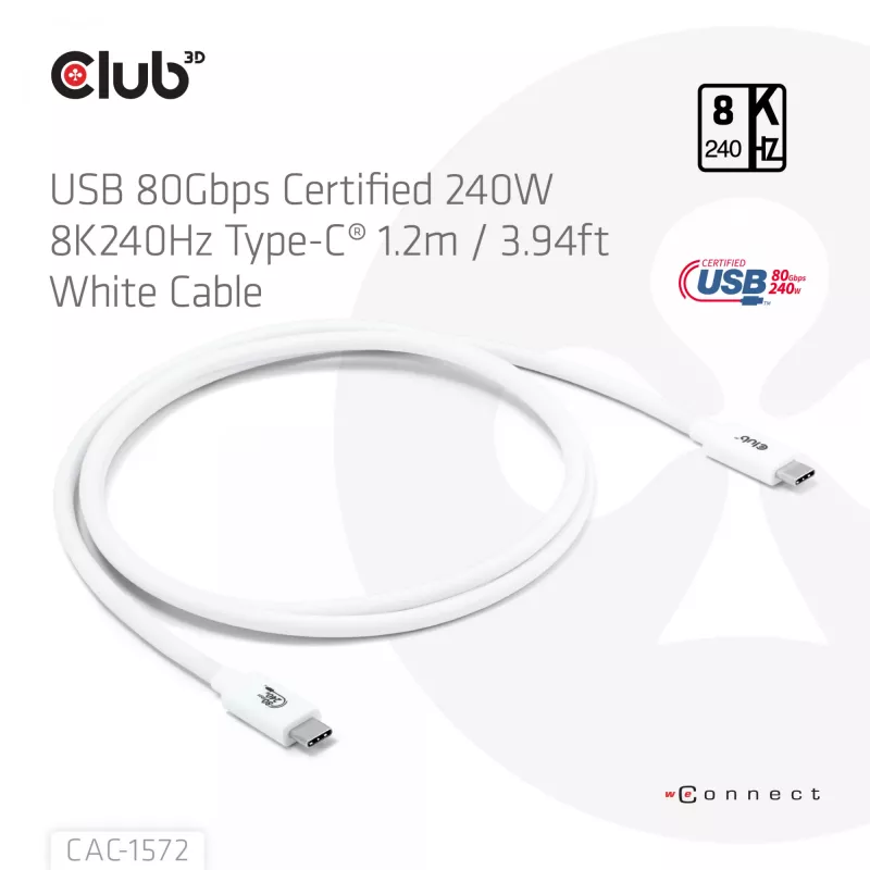 CLUB3D USB 80Gbps sertifikuotas 240W 8K240Hz Type-C® 1.2m / 3.94ft juodas kabelis