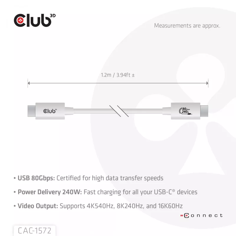 CLUB3D USB 80Gbps sertifikuotas 240W 8K240Hz Type-C® 1.2m / 3.94ft juodas kabelis