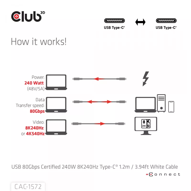 CLUB3D USB 80Gbps sertifikuotas 240W 8K240Hz Type-C® 1.2m / 3.94ft juodas kabelis