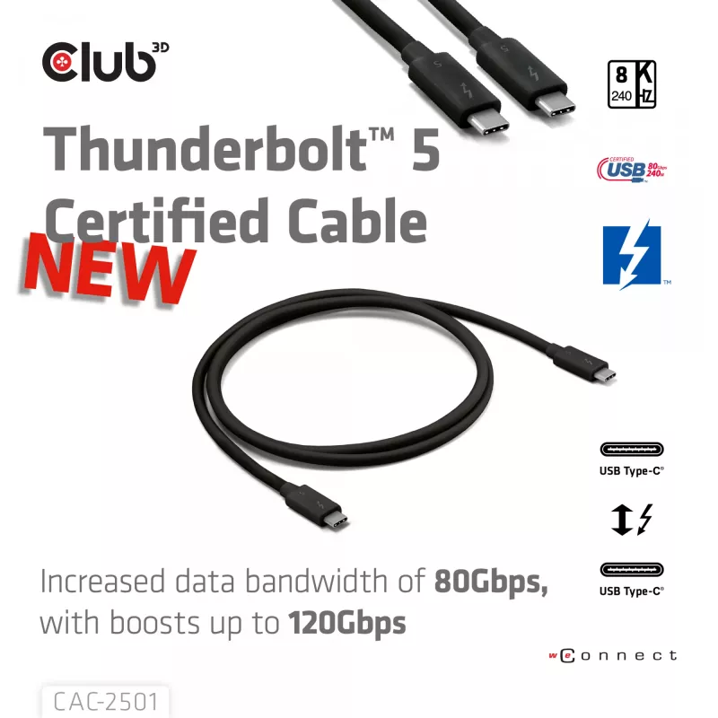 CLUB3D Thunderbolt™ 5 sertifikuotas 8K240Hz duomenų 80/120 Gbps EPR 240 vatų kabelis M/M 1m / 3,28 pėdos