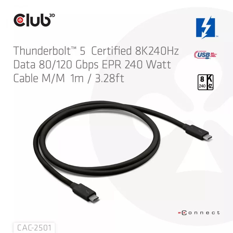 CLUB3D Thunderbolt™ 5 sertifikuotas 8K240Hz duomenų 80/120 Gbps EPR 240 vatų kabelis M/M 1m / 3,28 pėdos