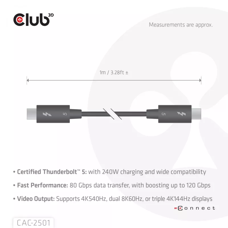 CLUB3D Thunderbolt™ 5 sertifikuotas 8K240Hz duomenų 80/120 Gbps EPR 240 vatų kabelis M/M 1m / 3,28 pėdos