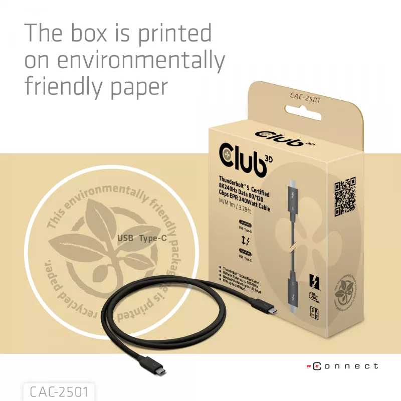 CLUB3D Thunderbolt™ 5 sertifikuotas 8K240Hz duomenų 80/120 Gbps EPR 240 vatų kabelis M/M 1m / 3,28 pėdos