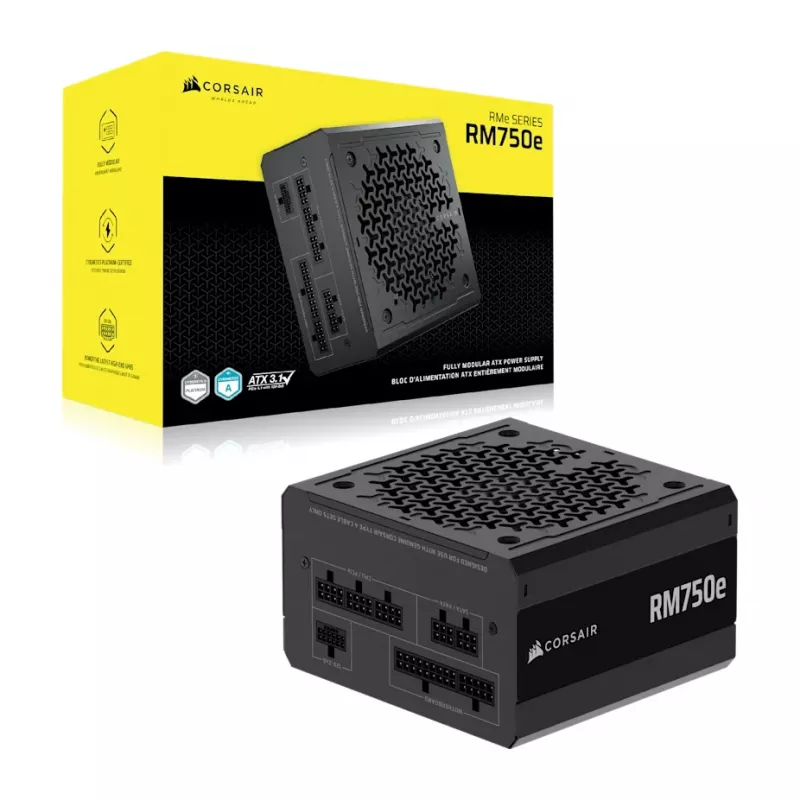 Maitinimo šaltinis CORSAIR RM750e 750 W ATX 3.1 80 PLUS Gold pilnai modulinis, 24 kontaktų, 120 mm ventiliatorius, 6×SATA, 2×PCIe (6+2), 2×PATA